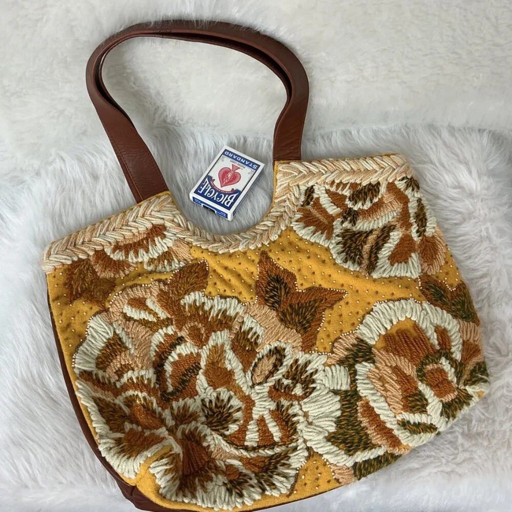 Anthropologie Aimee Gold Yellow Floral Embroidered Beaded Tote Bag NWOT - Picture 2 of 8